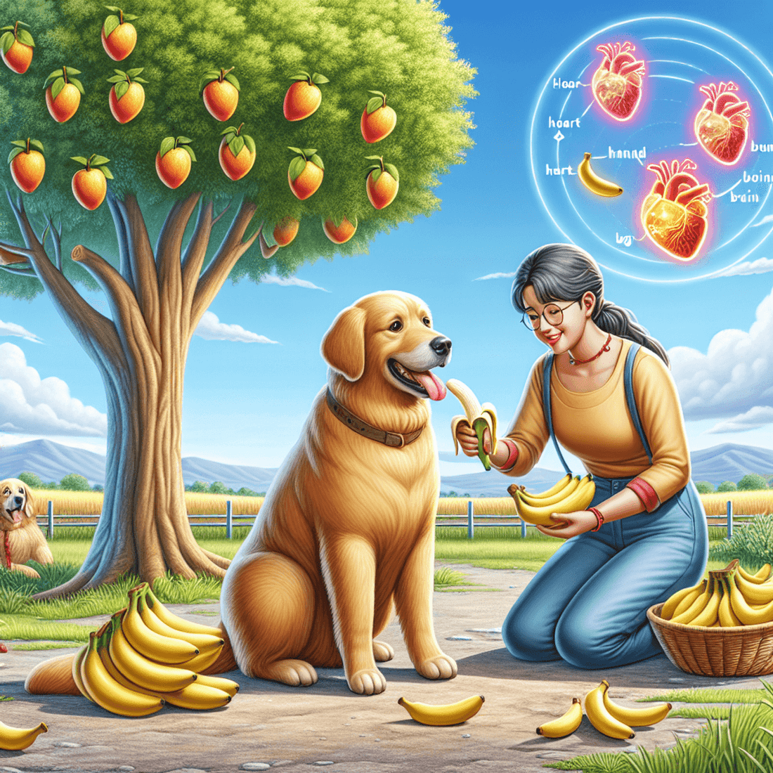 A Hispanic woman feeds her Golden Retriever a banana while a bunch of bananas and a diagram of a dog's body glowing with symbols for heart, bone, and brain are nearby. A prominent banana tree stands under a clear sky.