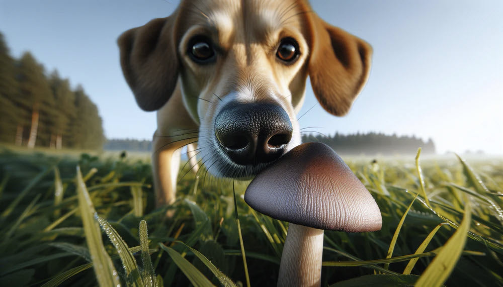 A dog sniffing a mushroom in a grassy field.