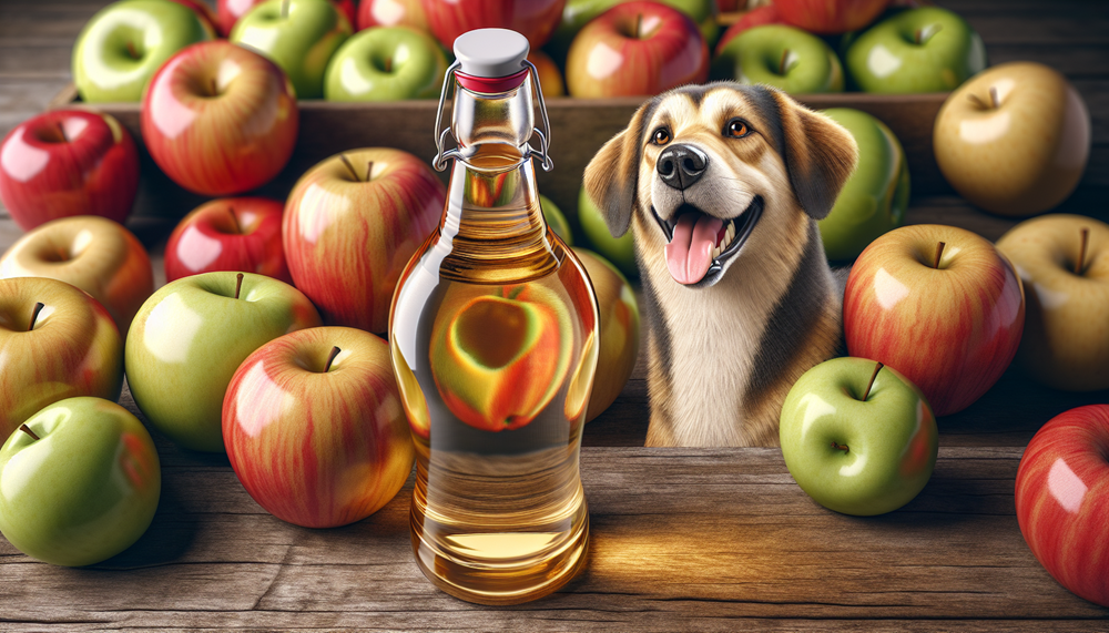 A glass bottle of apple cider vinegar surrounded by fresh apples and a joyful dog.