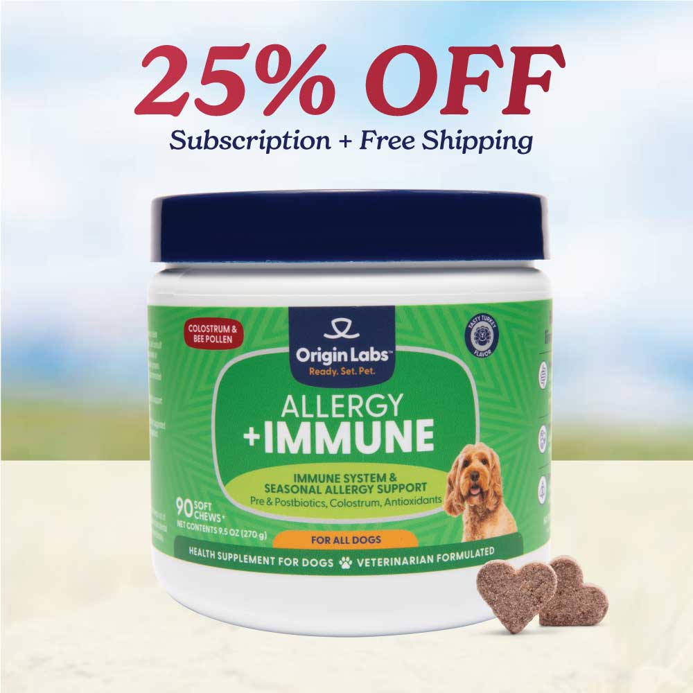 A jar of Origin Labs Allergy Immune supplements for dogs with a 25% off promotion.