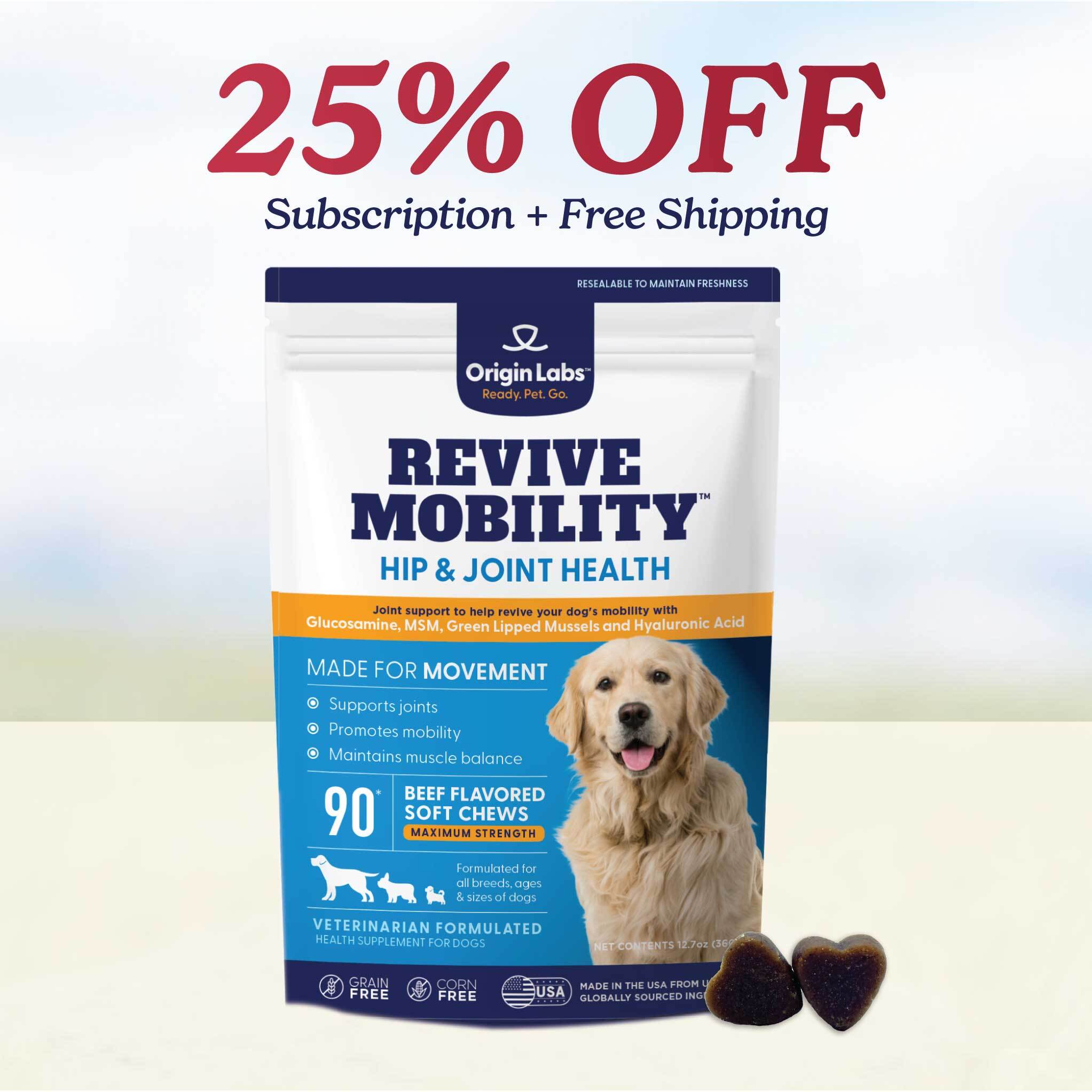 A jar of Origin Labs Allergy Immune supplements for dogs with a 25% off promotion.